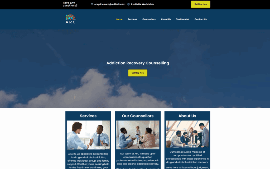Addiction Recovery Counselling website homepage screenshot