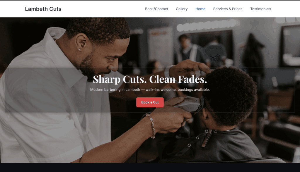 Lambeth barber website mockup — hero section