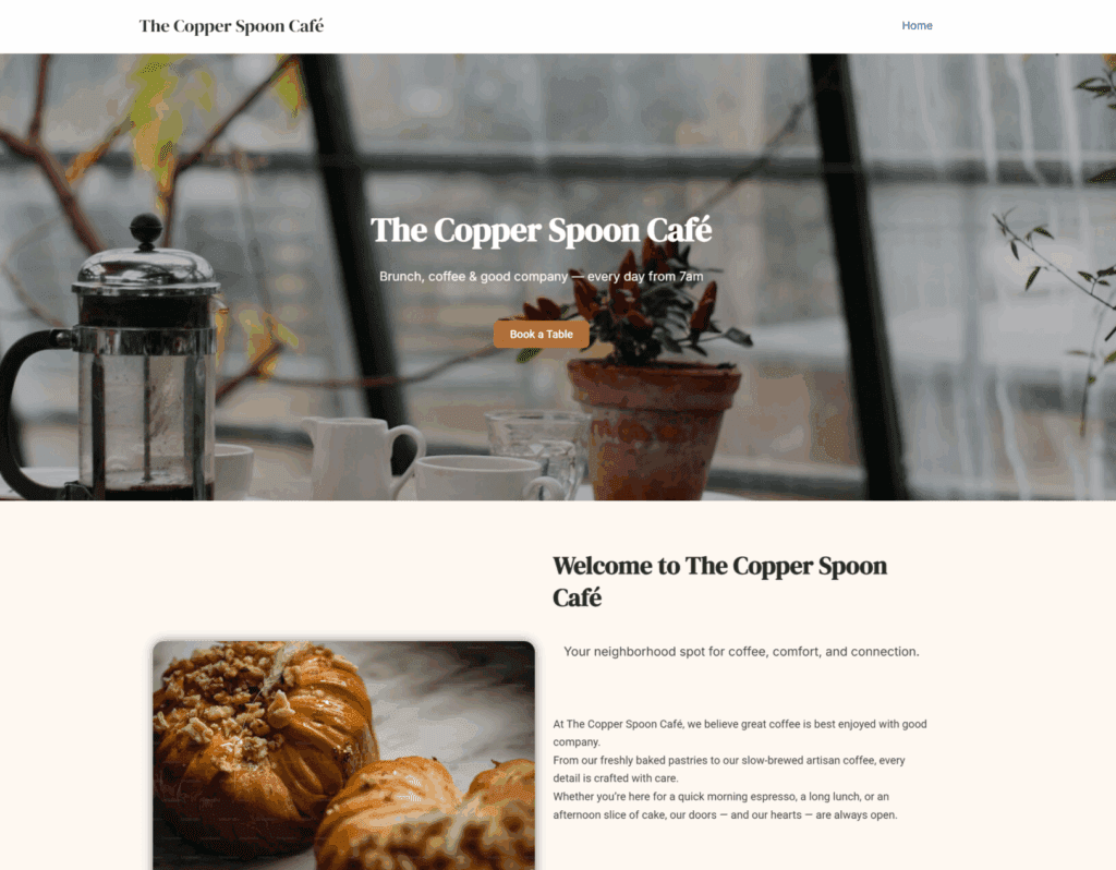 Copper Spoon Café mock-up homepage screenshot
